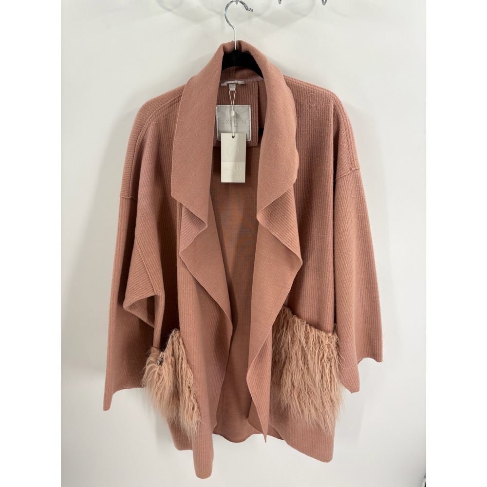 SOSKEN STUDIOS Millennial Pink Fur Trim Cardigan Sweater Duster Size 3/4